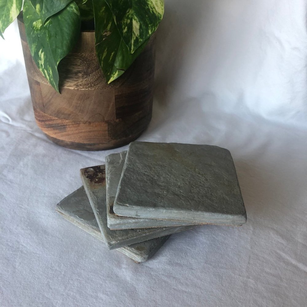 Natural Slate Coasters Set of Sage Green - Grey